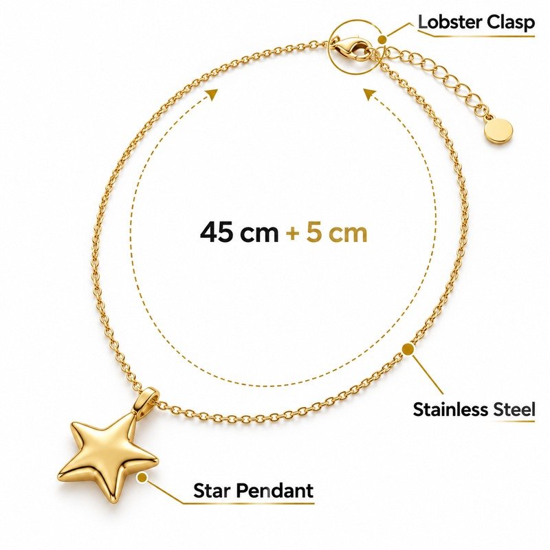 Gold star pendant necklace specifications showing 45 cm plus 5 cm, Stainless Steel and lobster clasp