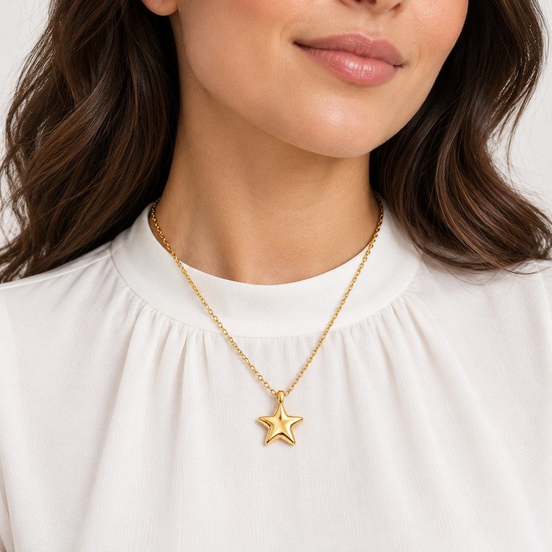 Adult woman wearing a gold Stainless Steel five-point star pendant necklace