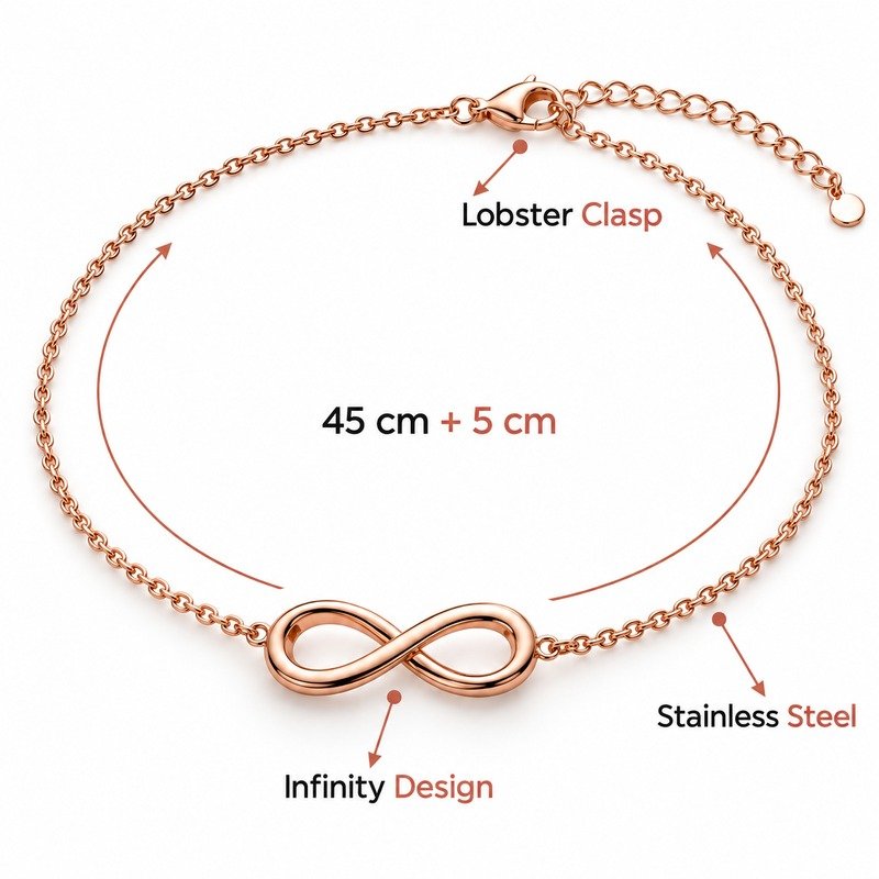 Rose gold infinity necklace specifications showing 45 cm plus 5 cm, Stainless Steel and lobster clasp