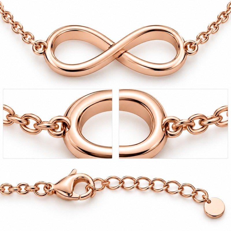 Rose gold Stainless Steel infinity symbol back, chain junctions, clasp and extender construction