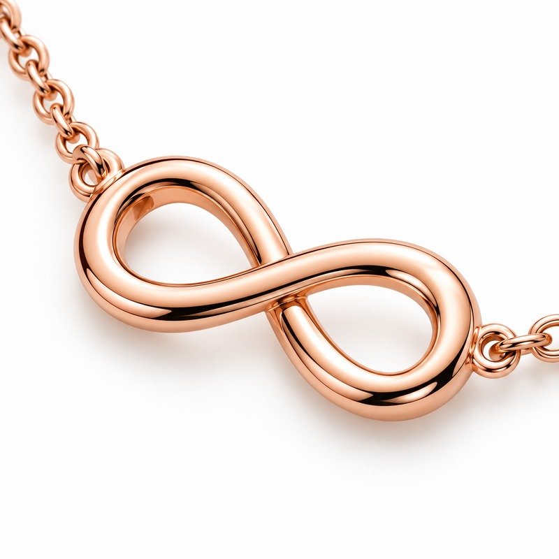 Rose gold Stainless Steel infinity symbol polished curves and integrated chain craftsmanship macro