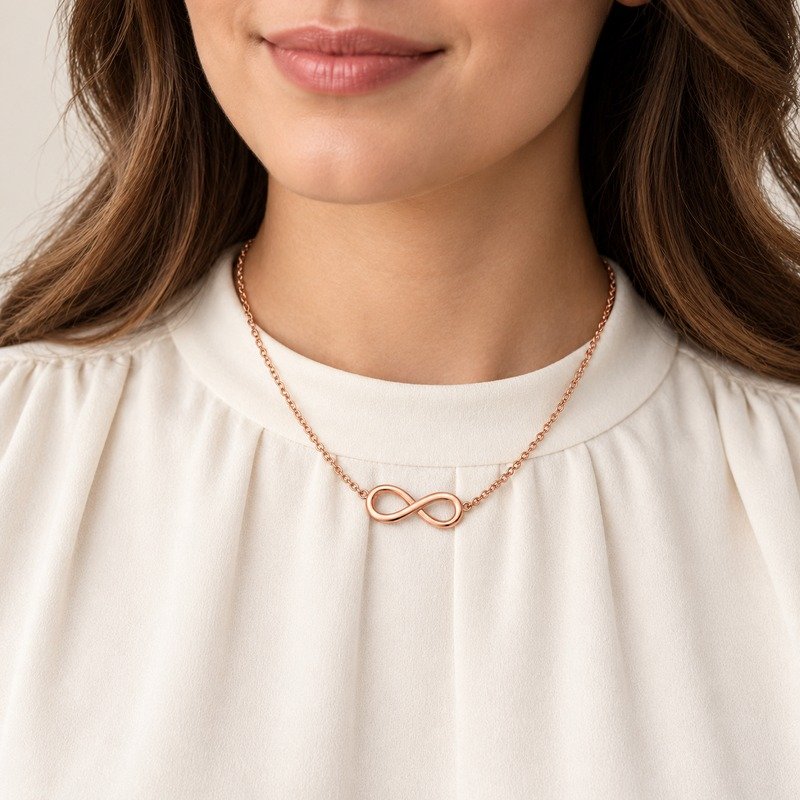 Adult woman wearing a rose gold Stainless Steel infinity necklace