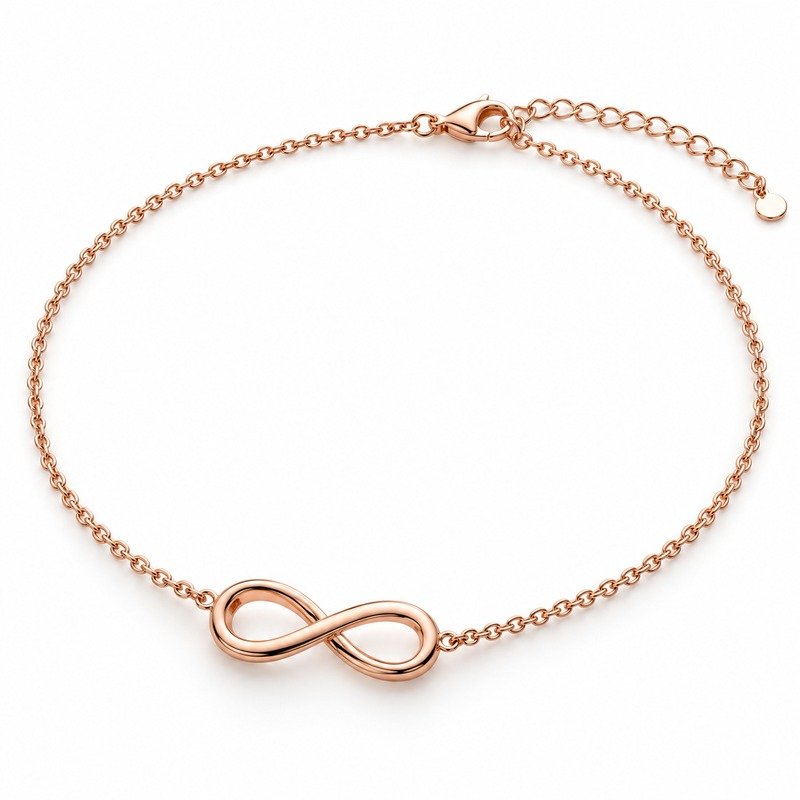 Women's rose gold Stainless Steel infinity necklace, 45 cm plus 5 cm extender, 45-degree white background view