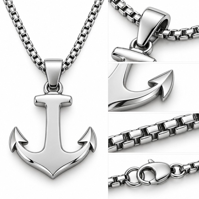 Silver Stainless Steel anchor pendant back, bail, flukes, box chain and clasp construction