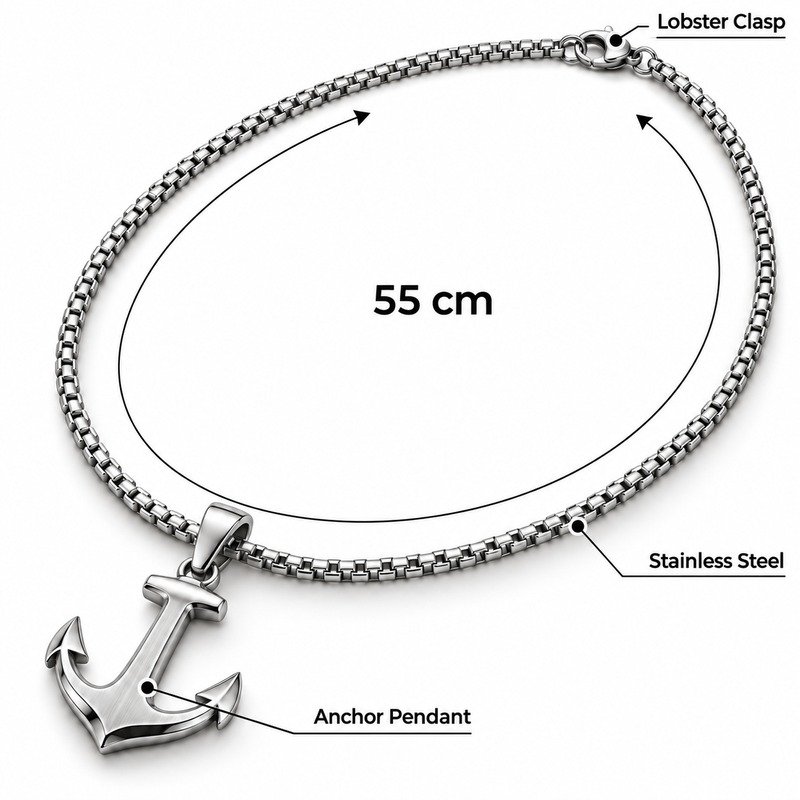 Silver anchor pendant necklace specifications showing 55 cm, Stainless Steel and lobster clasp