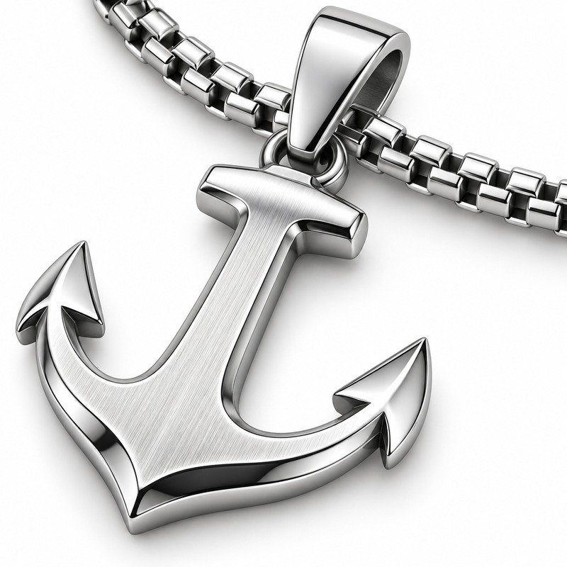 Silver Stainless Steel anchor pendant brushed surface, polished bevels and chain craftsmanship macro