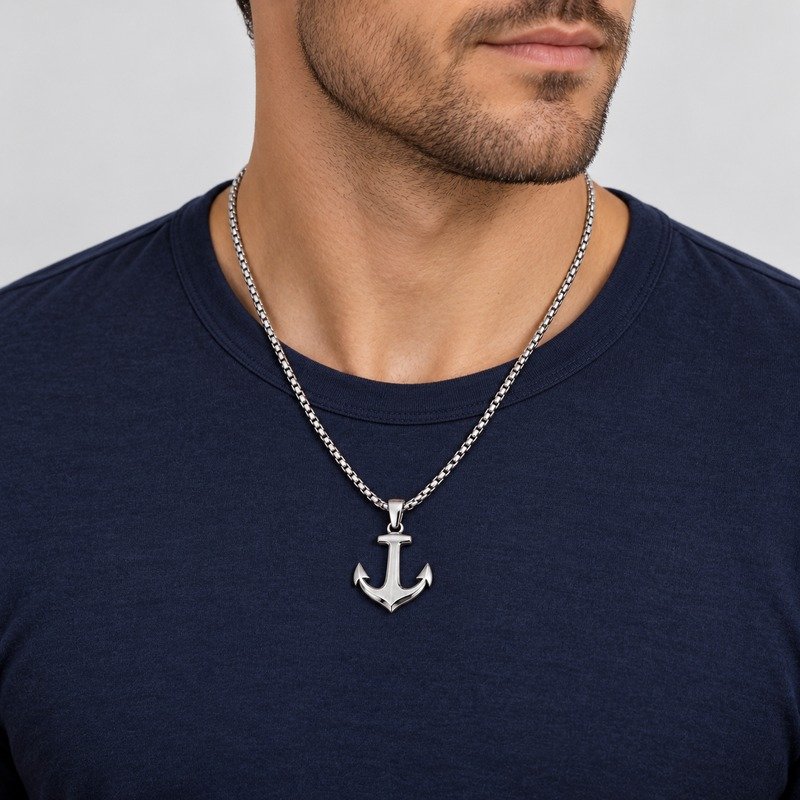 Adult man wearing a silver Stainless Steel anchor pendant necklace