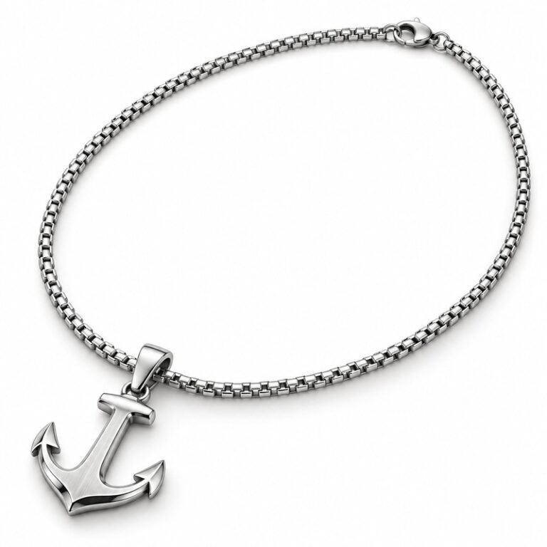 Men's silver Stainless Steel anchor pendant necklace with 55 cm box chain, 45-degree white background view