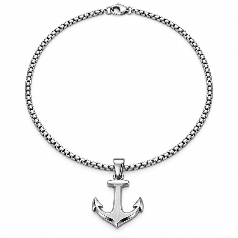 Silver Stainless Steel anchor pendant necklace straight-on front view