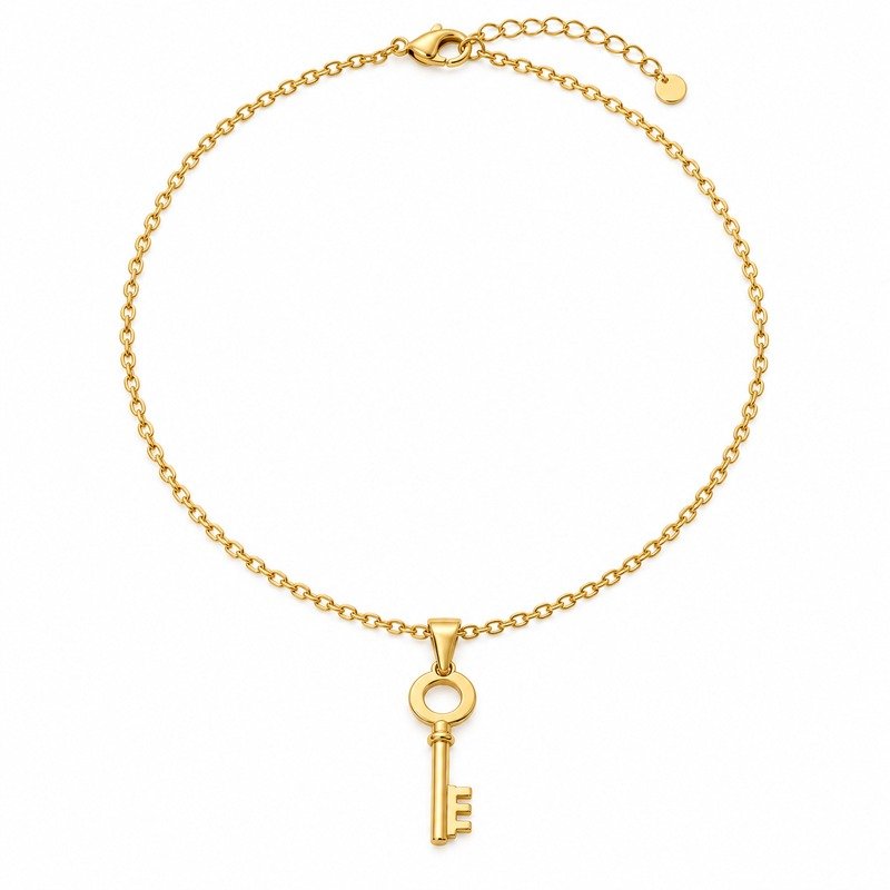 Gold Stainless Steel vintage key pendant necklace straight-on front view