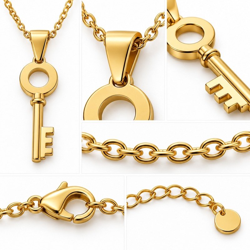 Gold Stainless Steel key pendant back, bail, beveled edge, clasp and extender construction