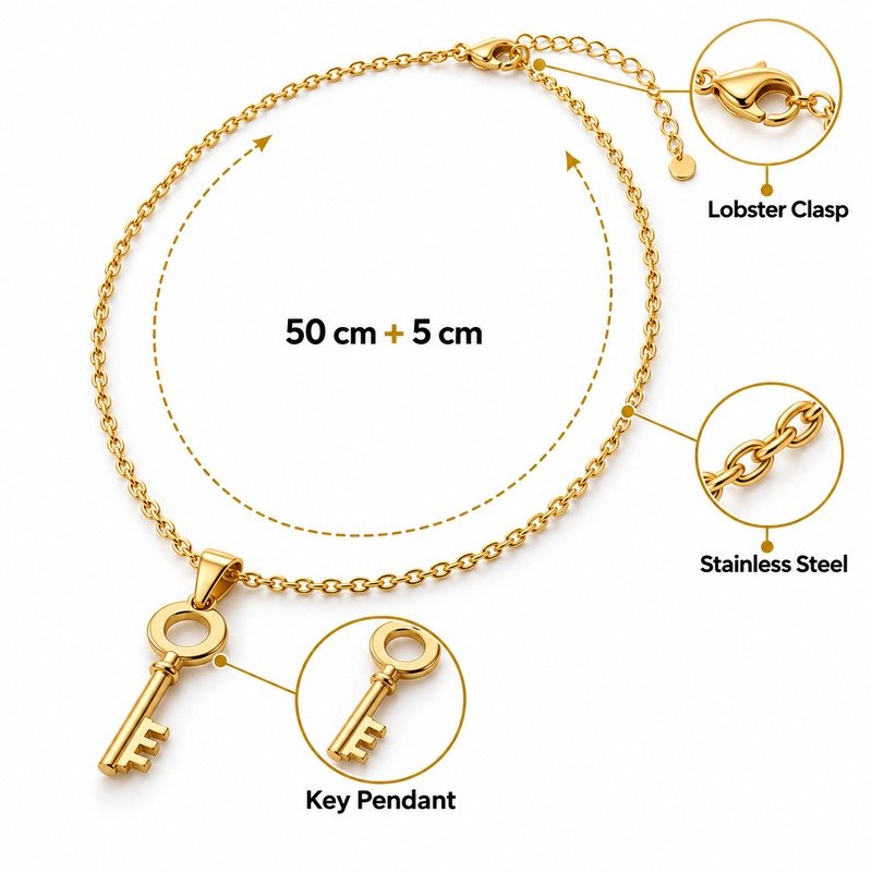 Gold key pendant necklace specifications showing 50 cm plus 5 cm, Stainless Steel and lobster clasp