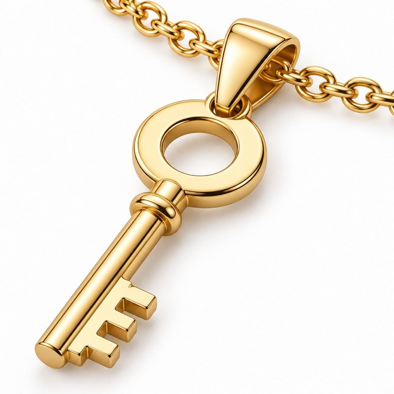 Gold Stainless Steel key pendant polished bow, shaft, bit and chain craftsmanship macro
