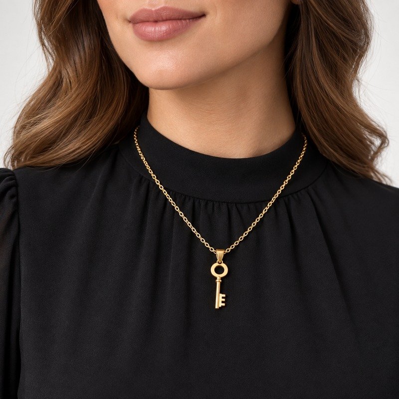 Adult woman wearing a gold Stainless Steel vintage key pendant necklace