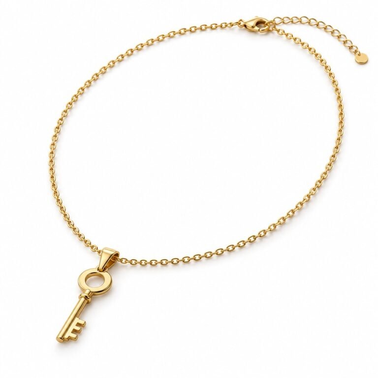 Women's gold Stainless Steel vintage key pendant necklace, 50 cm plus 5 cm extender, 45-degree white background view