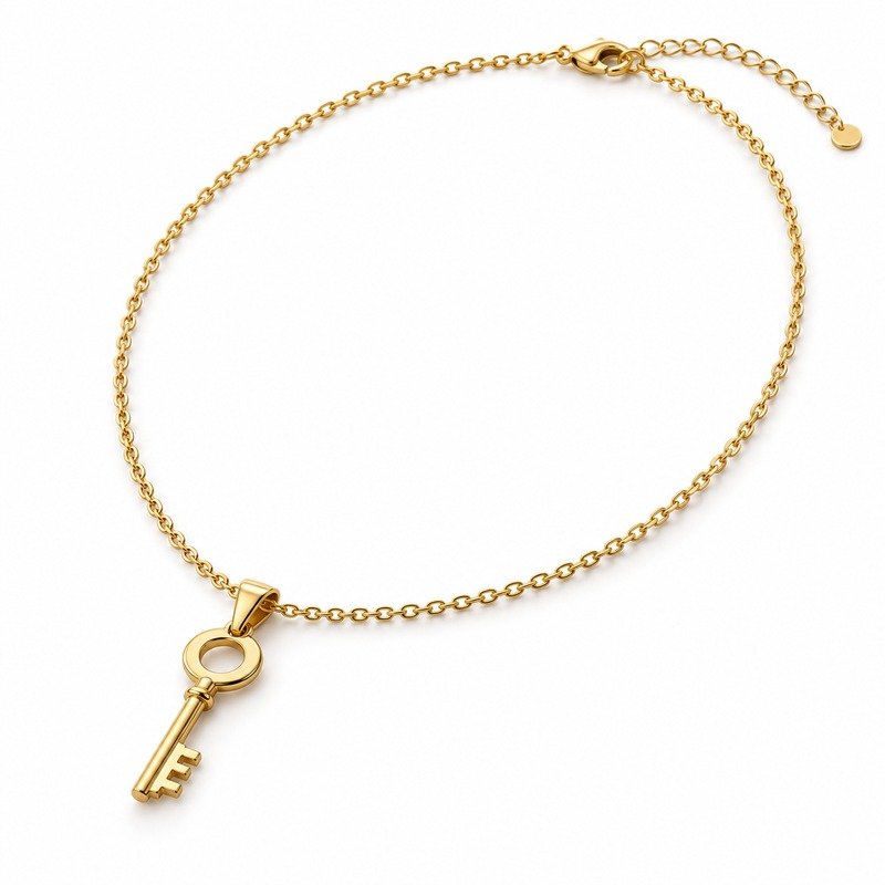 Women's gold Stainless Steel vintage key pendant necklace, 50 cm plus 5 cm extender, 45-degree white background view