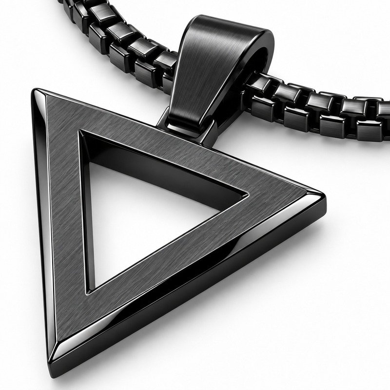 Black Stainless Steel triangle pendant brushed faces, polished bevels and chain craftsmanship macro