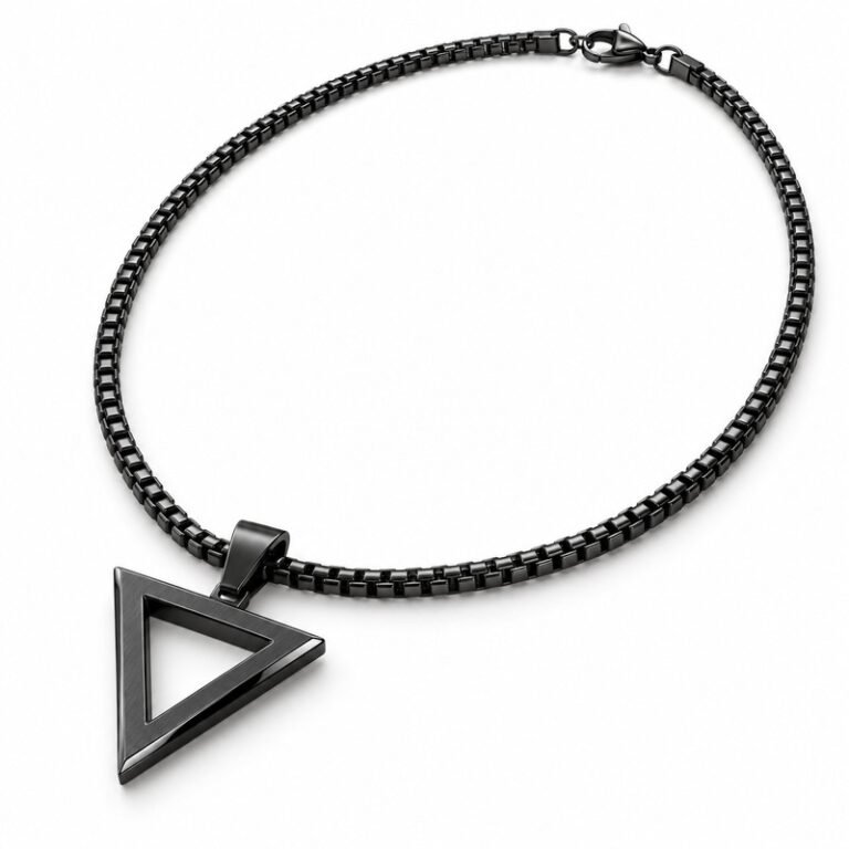 Men's black Stainless Steel geometric triangle pendant necklace with 60 cm box chain, 45-degree white background view