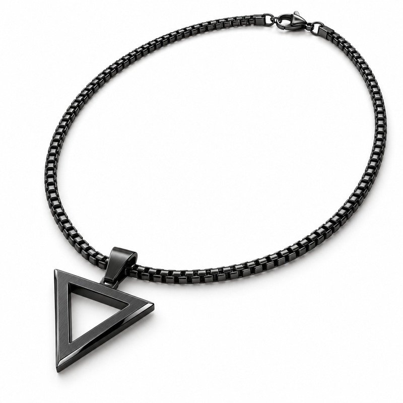 Men's black Stainless Steel geometric triangle pendant necklace with 60 cm box chain, 45-degree white background view
