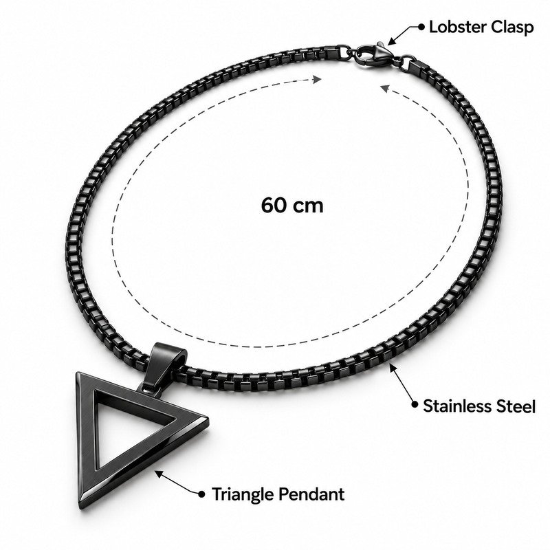 Black triangle pendant necklace specifications showing 60 cm, Stainless Steel and lobster clasp