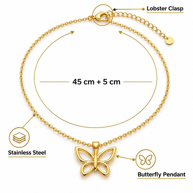Gold butterfly pendant necklace specifications showing 45 cm plus 5 cm, Stainless Steel and lobster clasp