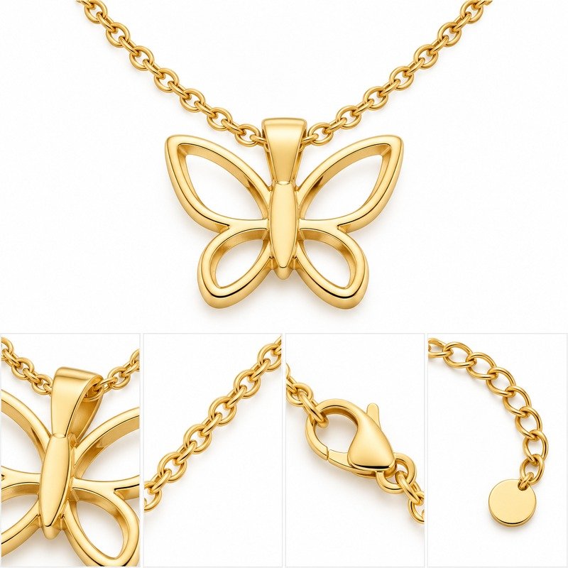 Gold Stainless Steel butterfly pendant back, openwork wings, bail, clasp and extender construction
