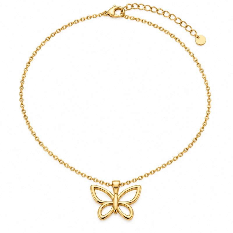 Gold Stainless Steel openwork butterfly pendant necklace straight-on front view