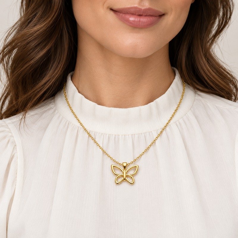 Adult woman wearing a gold Stainless Steel butterfly pendant necklace