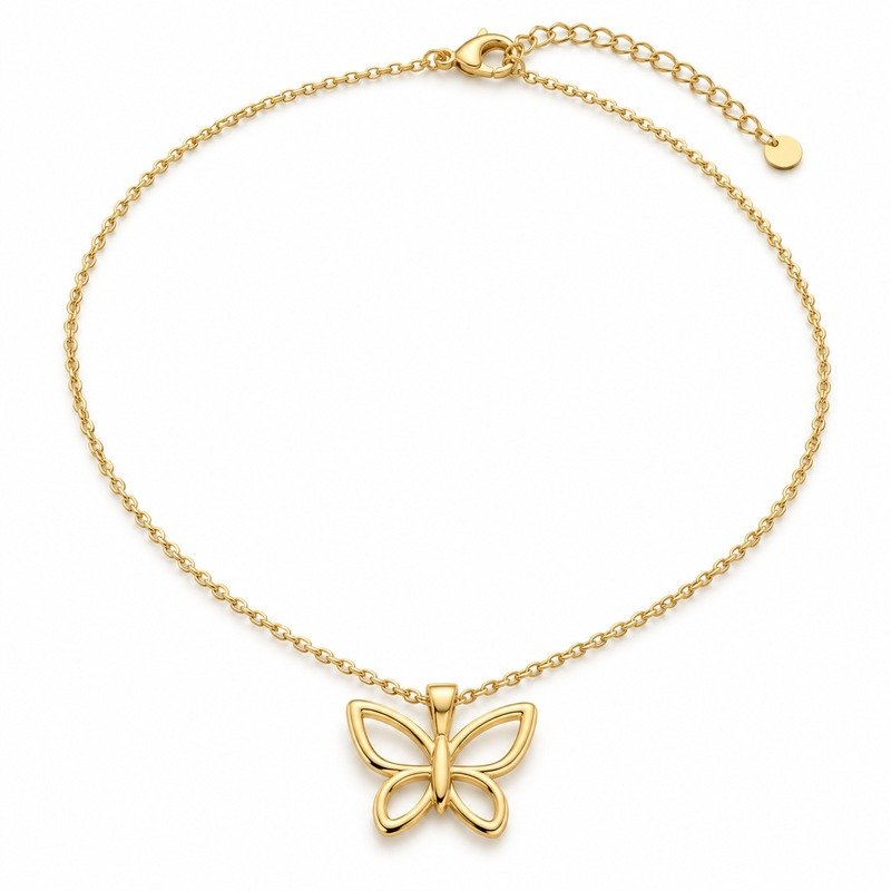 Women's gold Stainless Steel butterfly pendant necklace, 45 cm plus 5 cm extender, 45-degree white background view