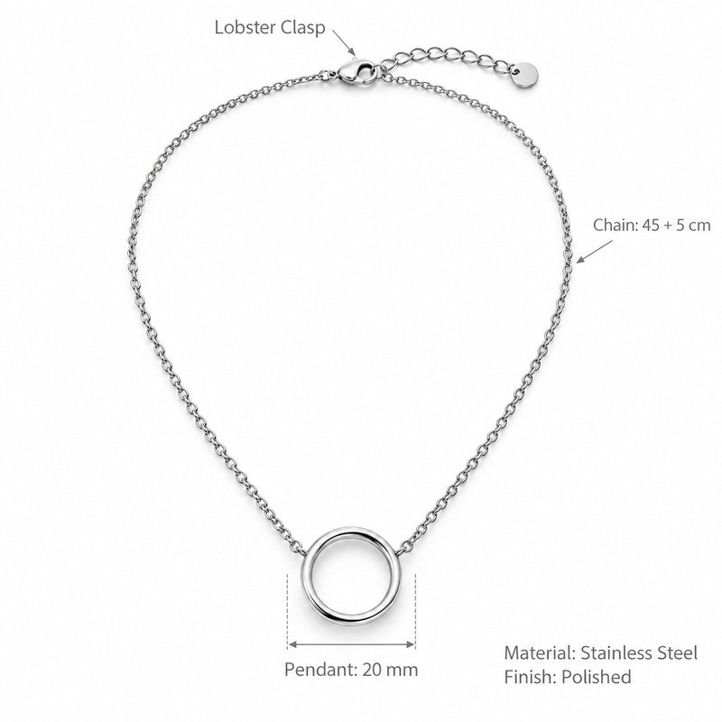 Circle pendant necklace dimensions, Stainless Steel material and product specifications