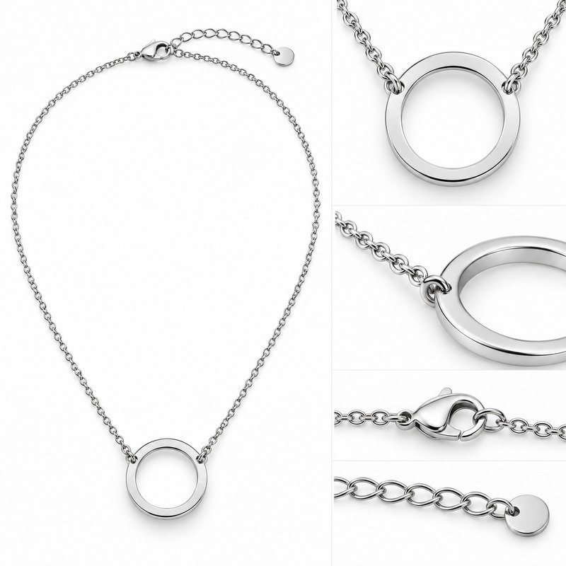 Open circle pendant necklace back, chain attachment, clasp and extender structure detail