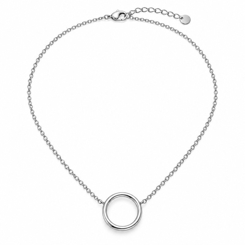 Silver open circle pendant necklace front view on white background