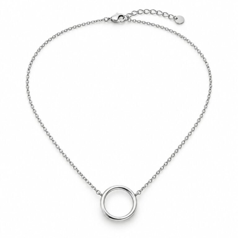Women's silver Stainless Steel open circle pendant necklace, 45-degree product view on white background