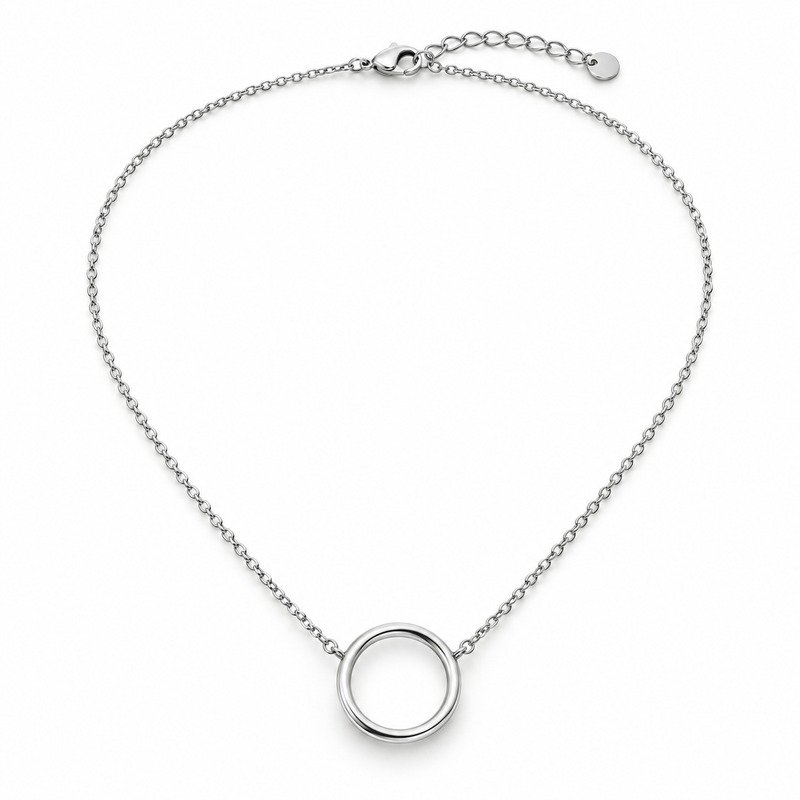 Women's silver Stainless Steel open circle pendant necklace, 45-degree product view on white background