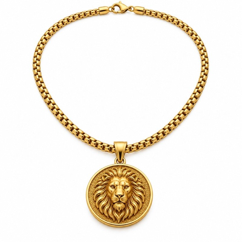 Gold lion head medallion necklace front view on white background
