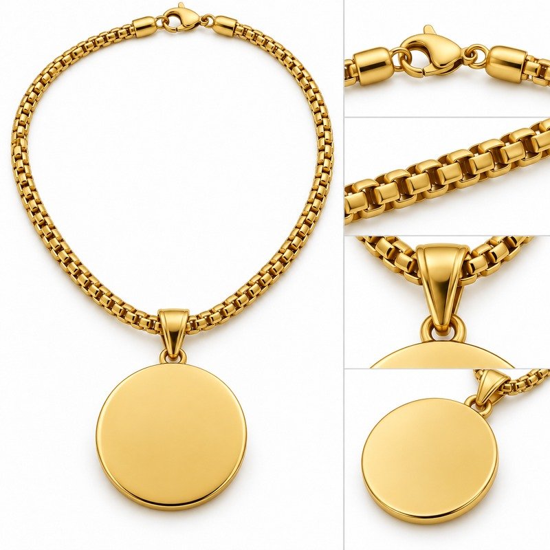 Lion medallion necklace back, bail, box chain and clasp structure detail