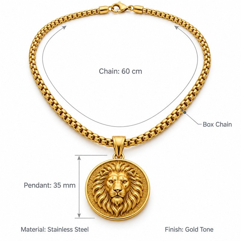 Lion medallion necklace dimensions, Stainless Steel material and product specifications