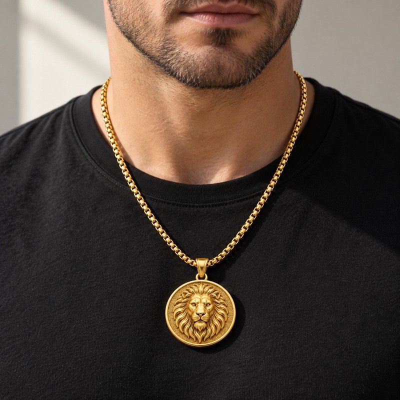 Man wearing a gold Stainless Steel lion head medallion necklace
