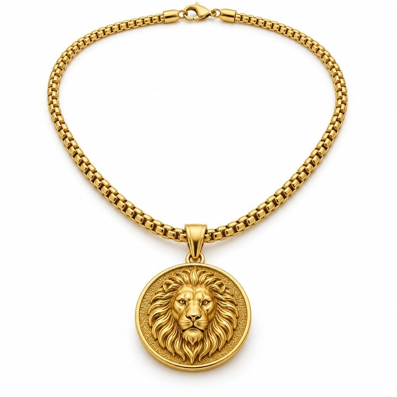 Men's gold Stainless Steel lion head medallion necklace, 45-degree product view on white background
