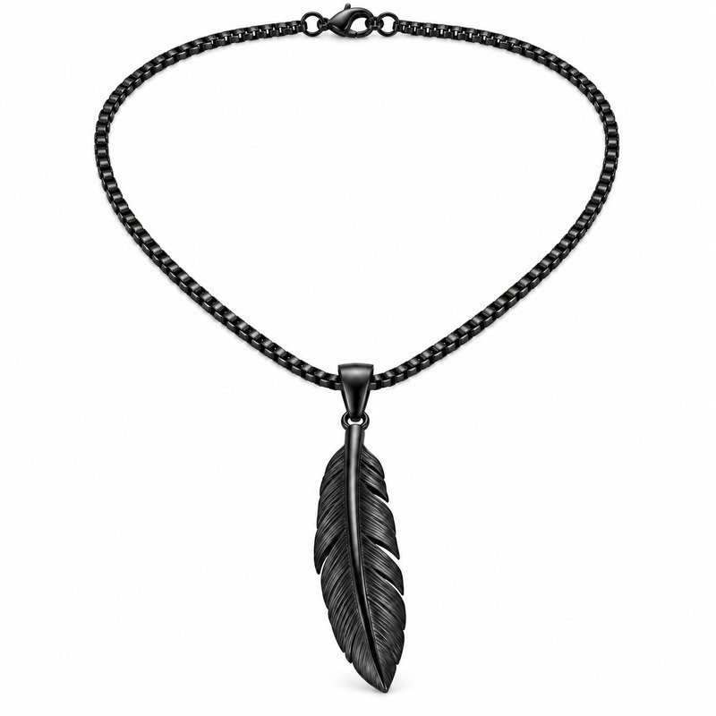 Black feather pendant necklace front view on white background