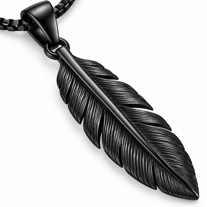 Engraved black Stainless Steel feather pendant craftsmanship close-up