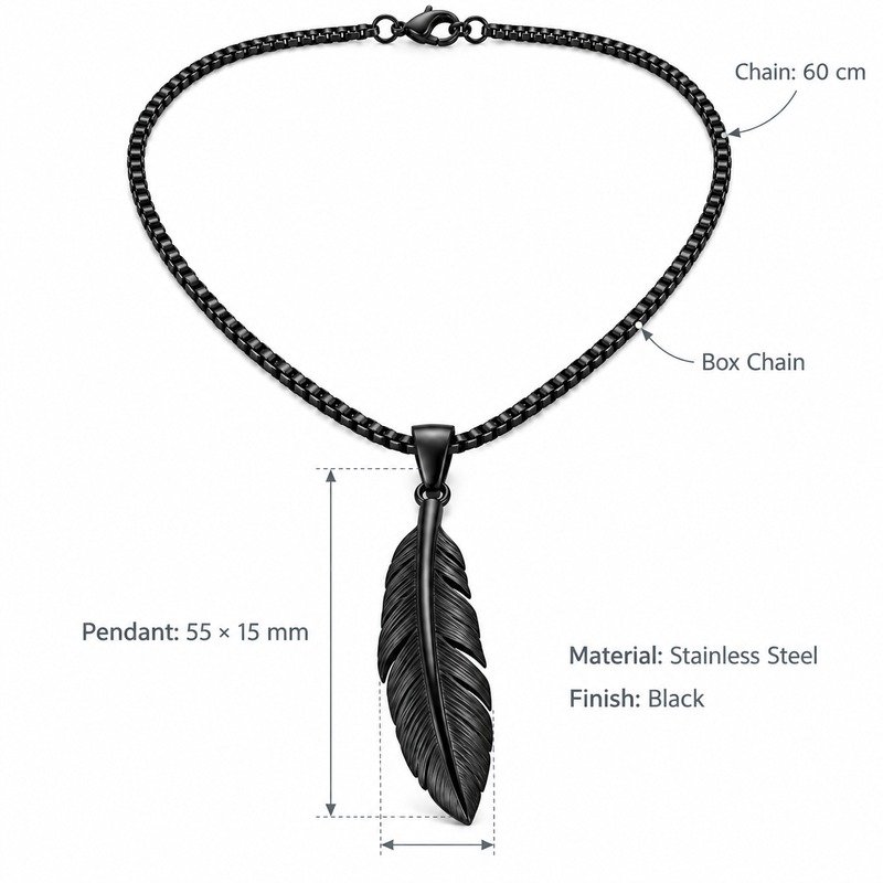 Feather pendant necklace dimensions, Stainless Steel material and product specifications