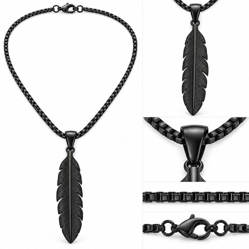 Feather pendant necklace back, bail, box chain and clasp structure detail