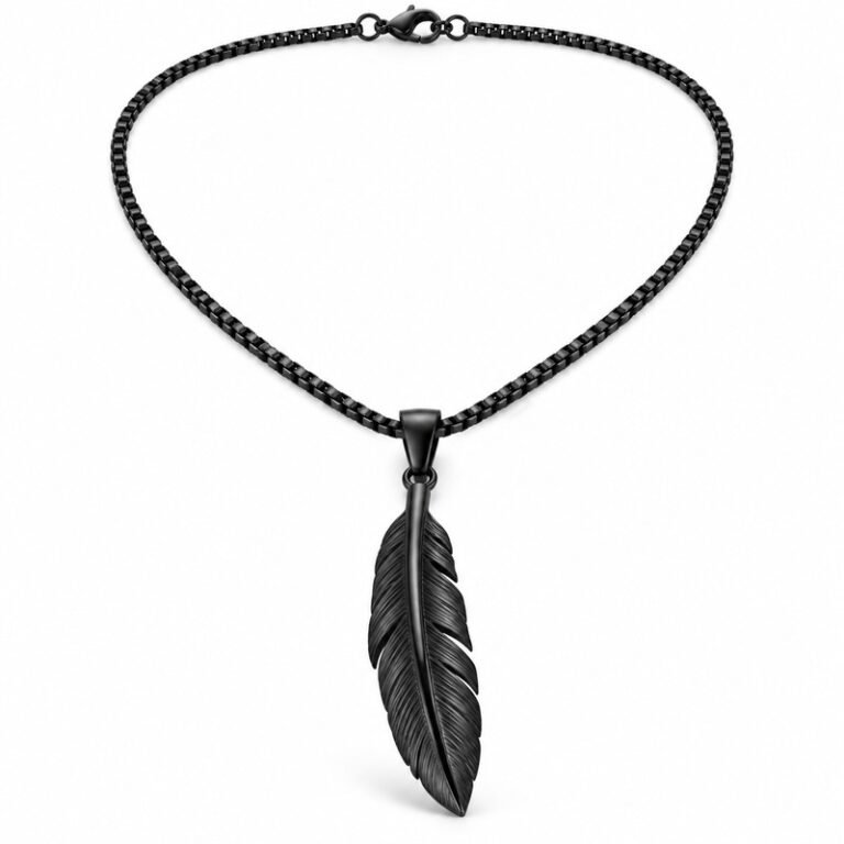 Men's black Stainless Steel feather pendant necklace, 45-degree product view on white background