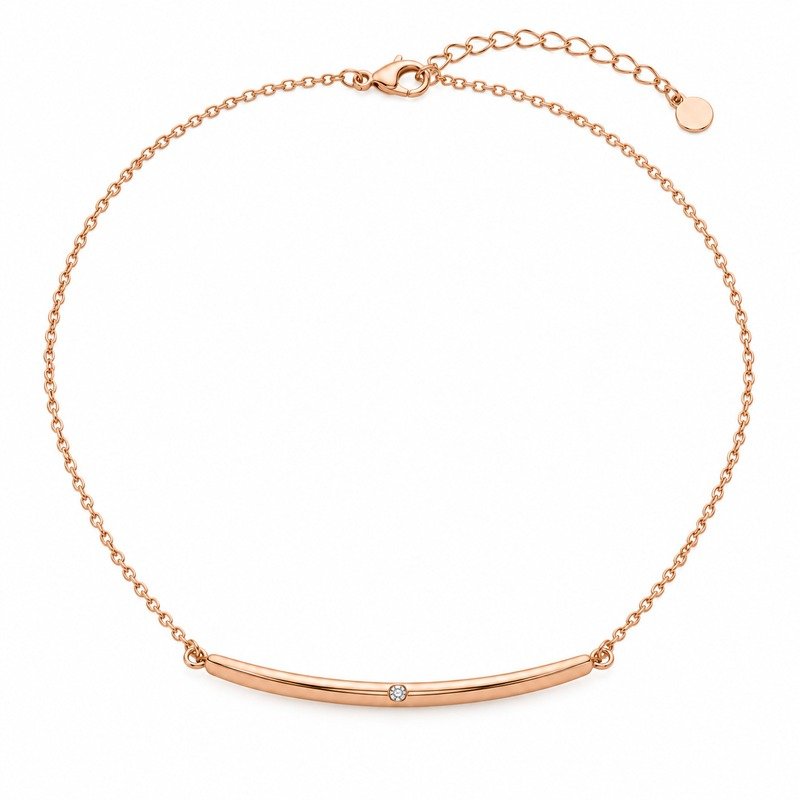 Rose gold curved bar necklace with cubic zirconia front view on white background
