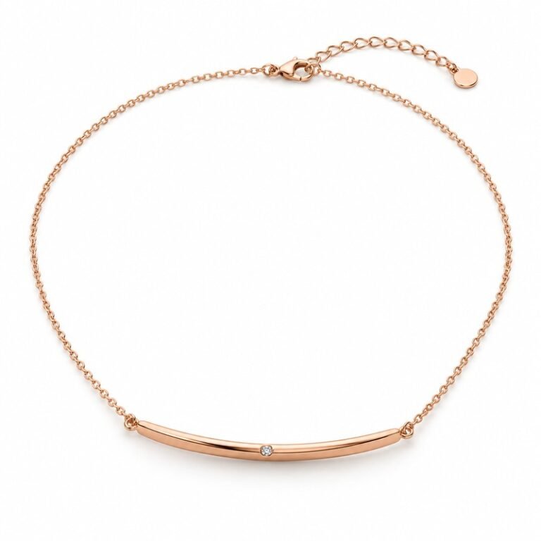 Women's rose gold Stainless Steel bar necklace with cubic zirconia, 45-degree product view