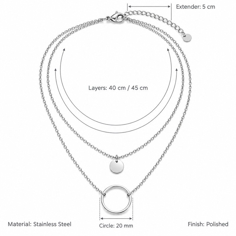 Layered circle necklace dimensions, Stainless Steel material and specifications