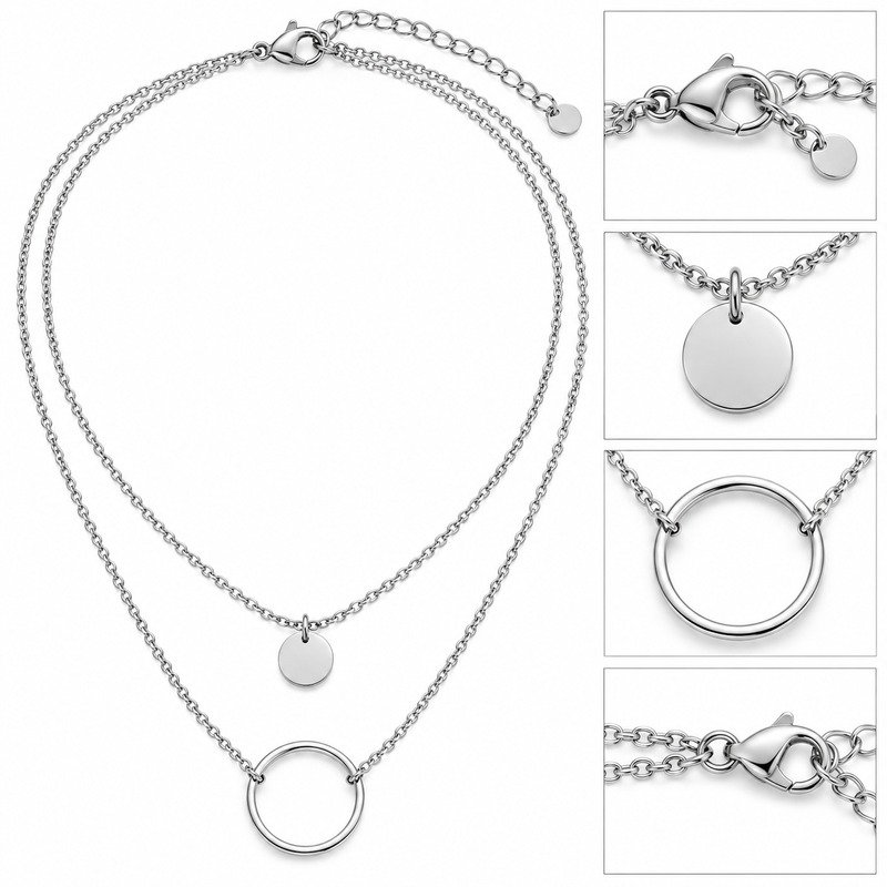 Layered necklace reverse, dual-chain junction, clasp and extender structure detail