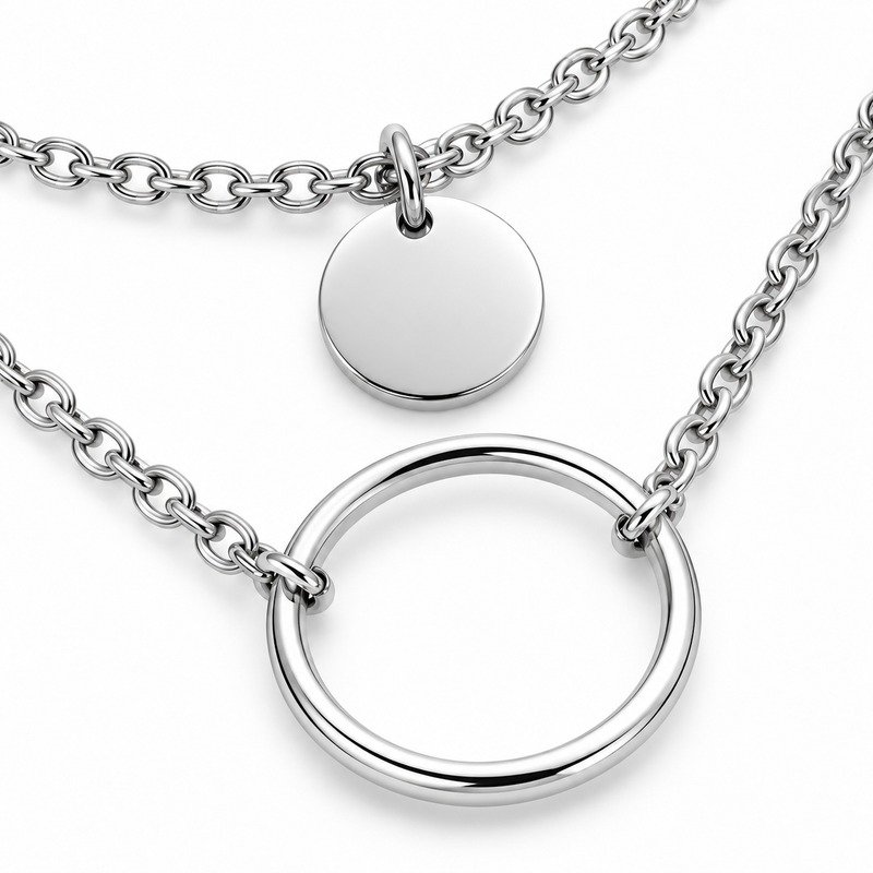 Polished Stainless Steel circle, disc and chain craftsmanship close-up