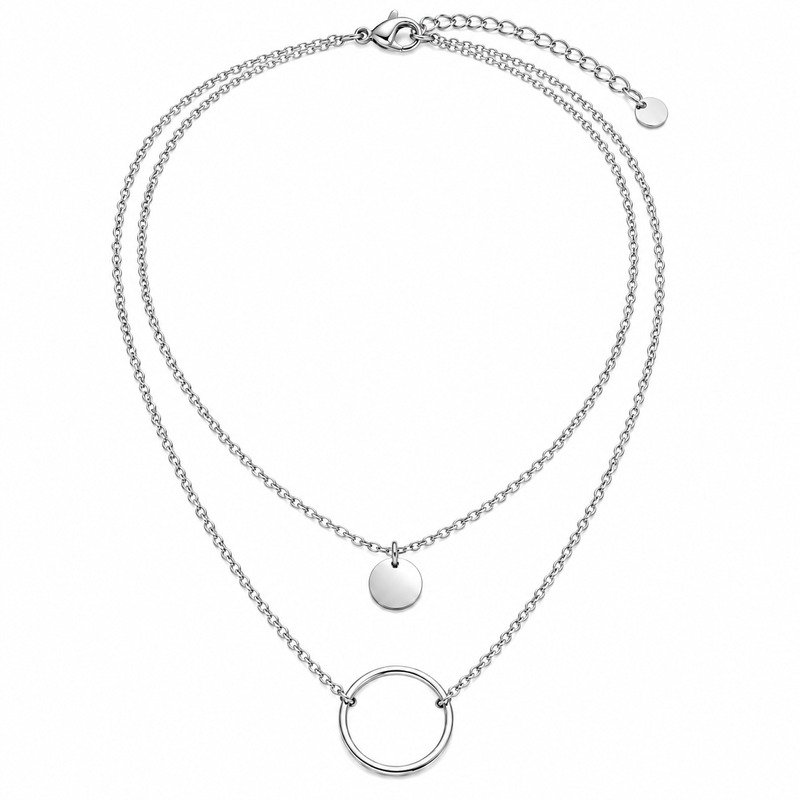 Silver layered necklace with disc and open circle, front view on white background